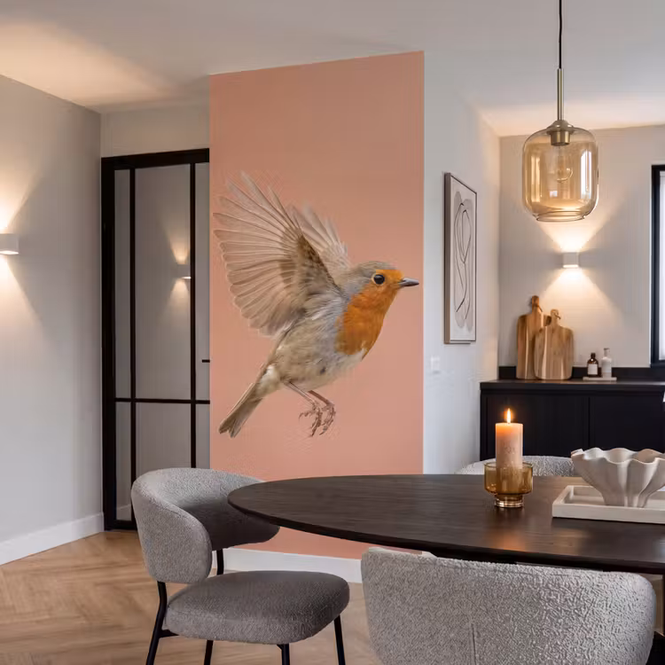 Roodborst - Natuur - Roze Behang Vlies klein -sfeer3