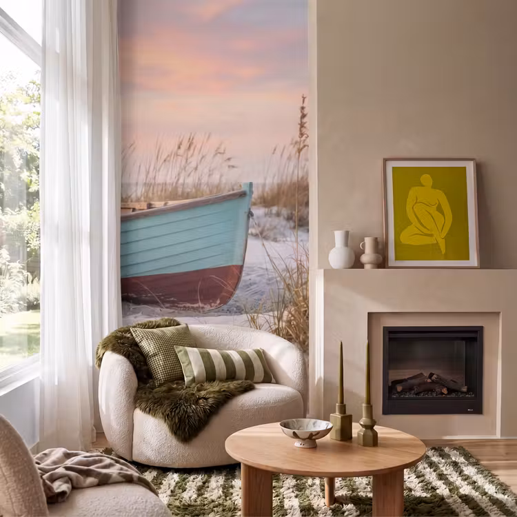 Rustiek - Roeiboot - Zandstrand Behang Vlies klein -sfeer2