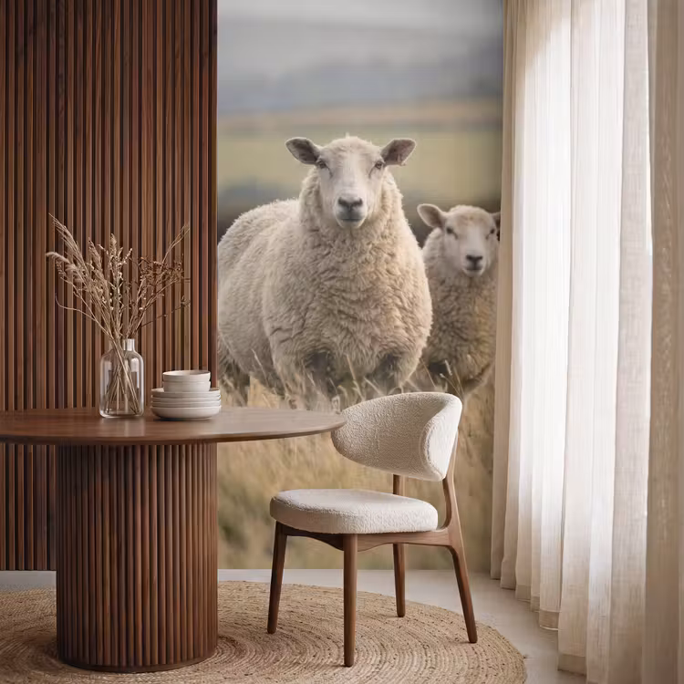 Schapen - Weidenlandschap - Heuvels Behang Vlies klein -sfeer1