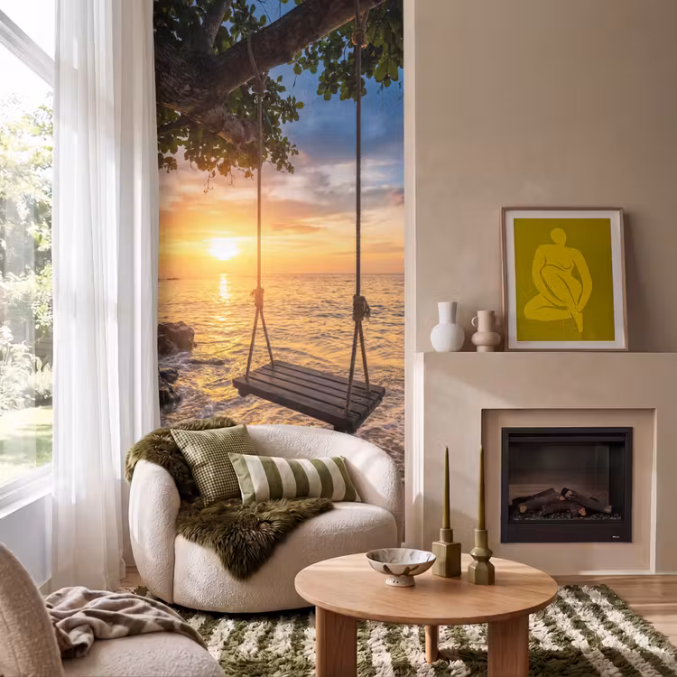 Schommel - Strand - Zonsondergang - Natuur - Oranje Behang Vlies klein -sfeer2