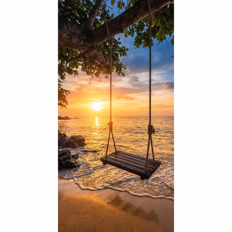 Schommel - Strand - Zonsondergang - Natuur - Oranje Behang Vlies klein -3d_website