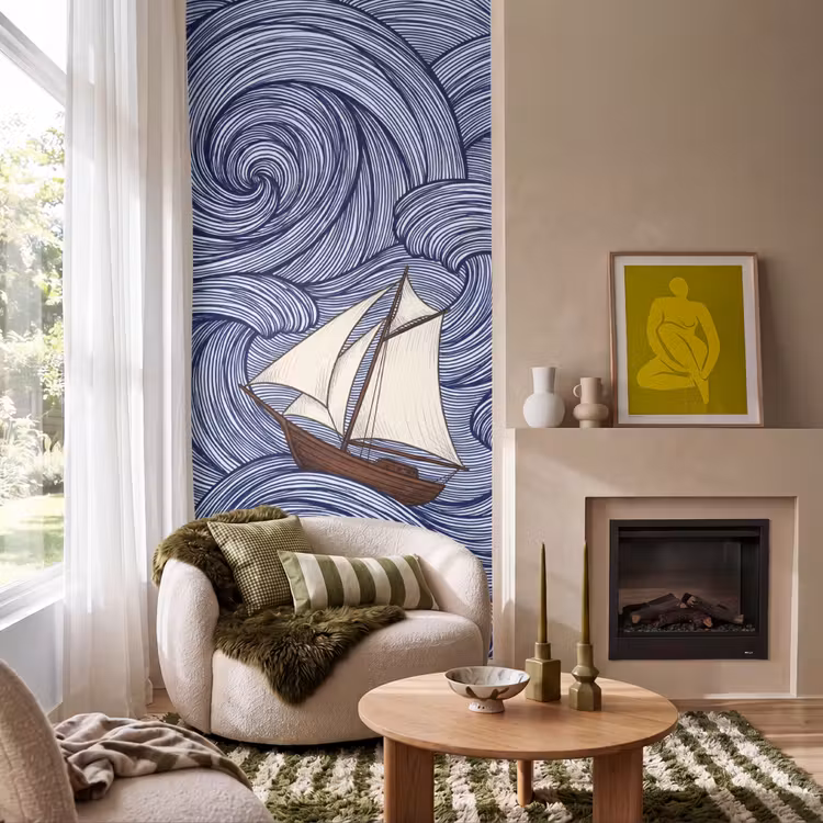 Schip - Golven - Zee - Illustratie - Blauw Behang Vlies klein -sfeer2