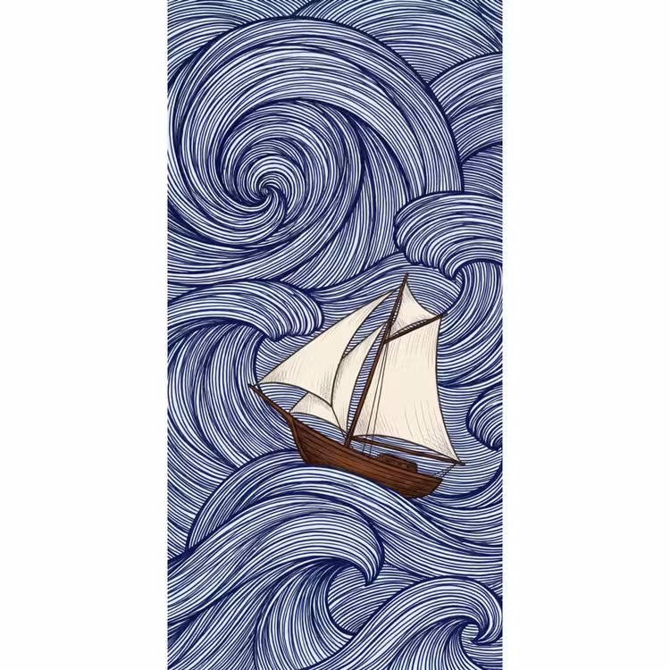 Schip - Golven - Zee - Illustratie - Blauw Behang Vlies klein -3d_website