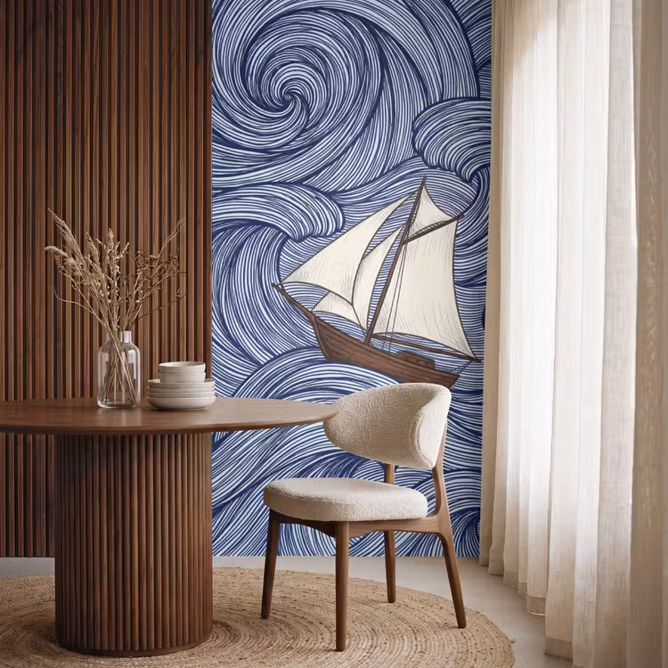 Schip - Golven - Zee - Illustratie - Blauw Behang Vlies klein -sfeer1