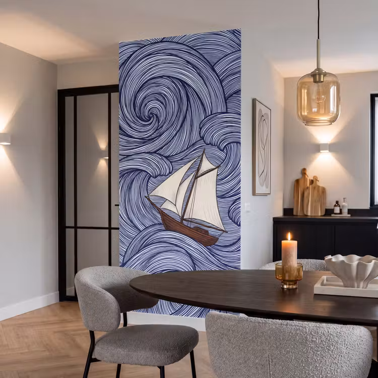 Schip - Golven - Zee - Illustratie - Blauw Behang Vlies klein -sfeer3