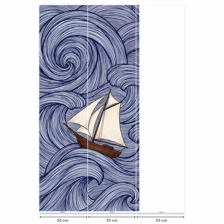 Schip - Golven - Zee - Illustratie - Blauw Behang Vlies klein -USP_banen