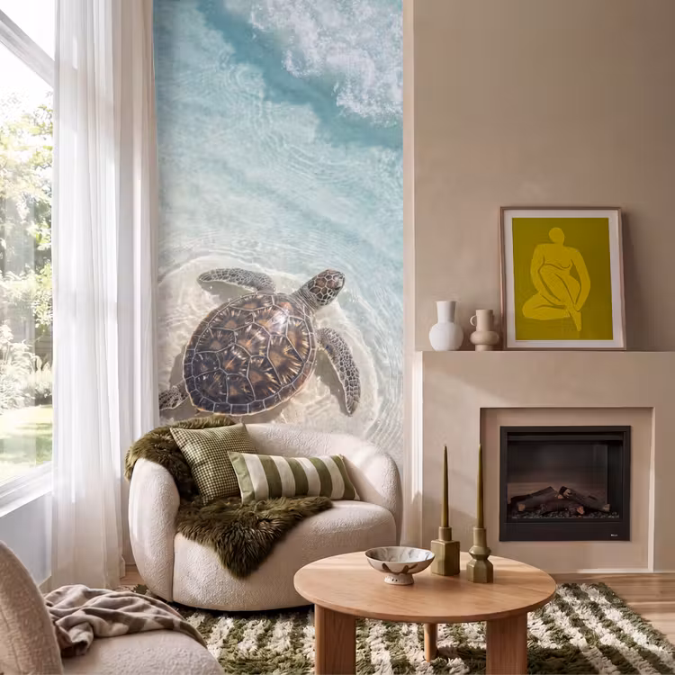 Schildpad - Helder water - Strand - Dieren - Natuur Behang Vlies klein -sfeer2