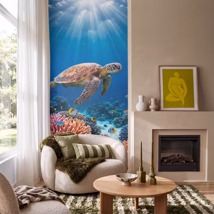Schildpad - Koraalrif - Oceaan - Dieren - Blauw Behang Vlies klein -sfeer2
