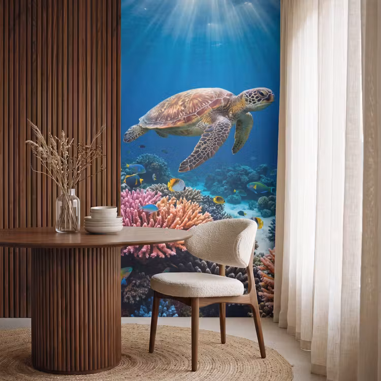 Schildpad - Koraalrif - Oceaan - Dieren - Blauw Behang Vlies klein -sfeer1
