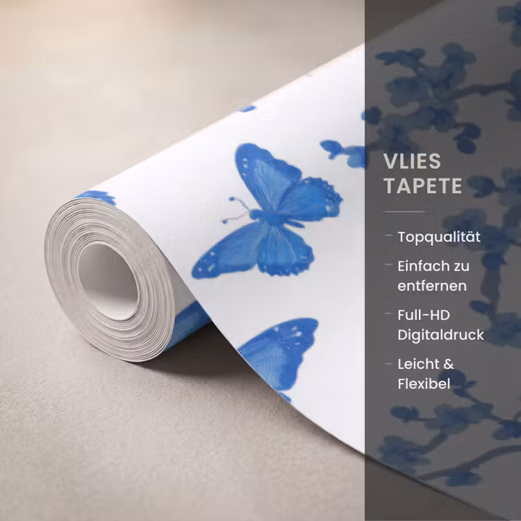 Vlinder - Bloemen - Blauw Behang Vlies klein 1076 -USP_closeupDE