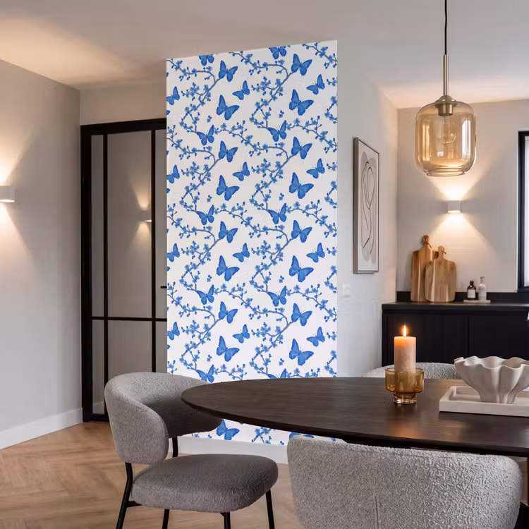 Vlinder - Bloemen - Blauw Behang Vlies klein 1076 -sfeer3