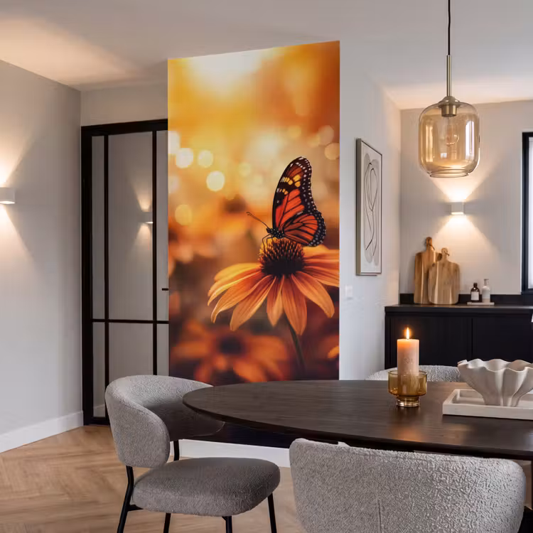 Vlinder - Bloemen - Oranje Behang Vlies klein -sfeer3
