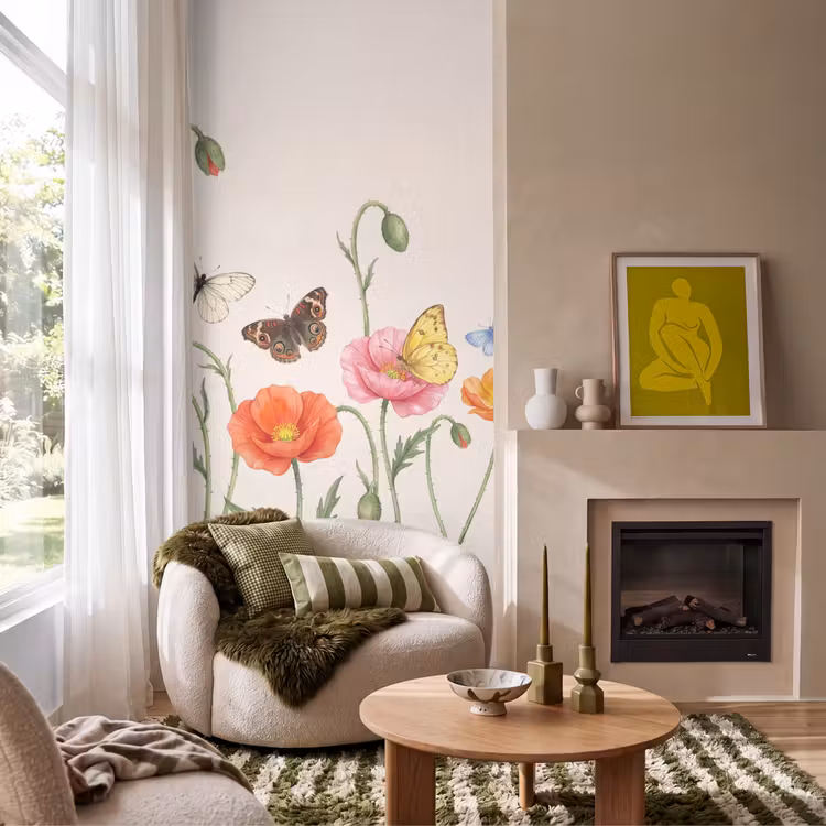 Vlinders - Klaprozen - Illustratie - Kleurrijk Behang Vlies klein -sfeer2