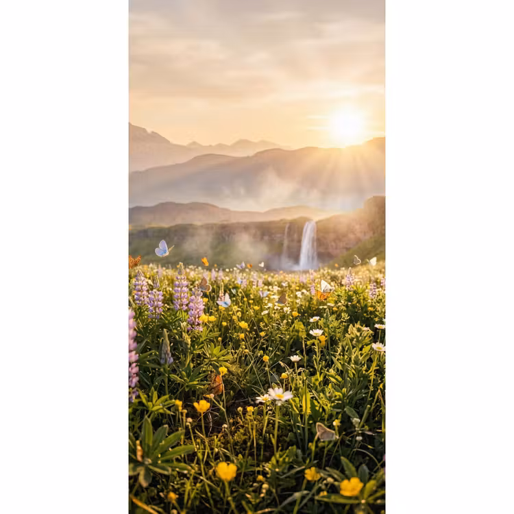 Vlinders - Waterval - Bloemenveld Behang Vlies klein -3d_website