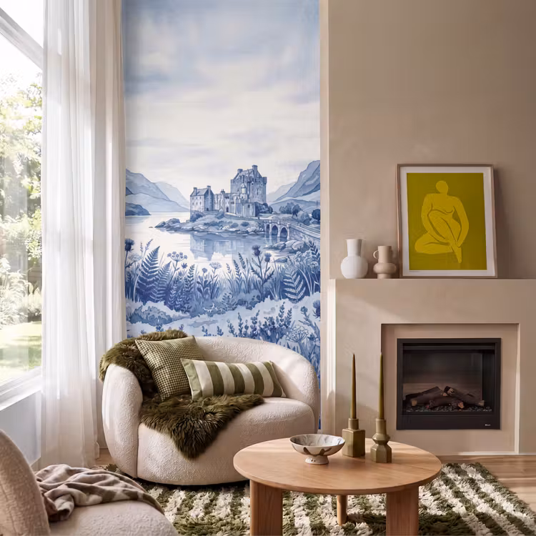 Schots - Kasteel - Blauw - Aquarel Behang Vlies klein -sfeer2