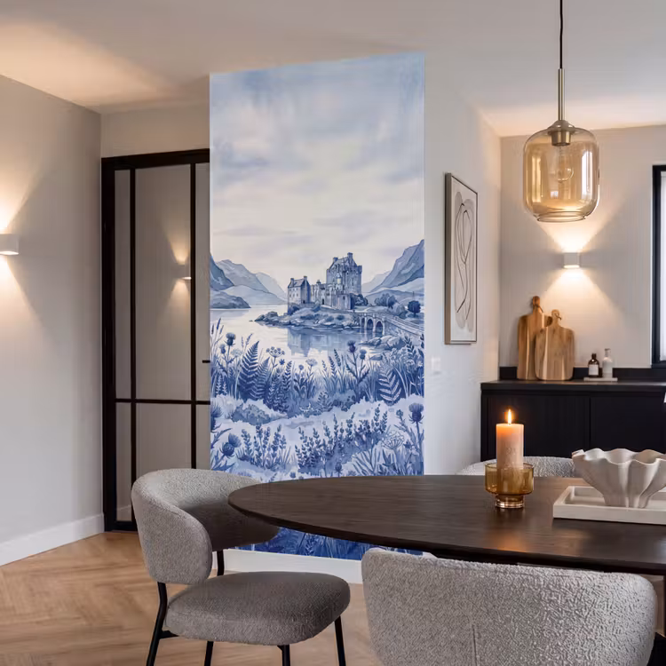Schots - Kasteel - Blauw - Aquarel Behang Vlies klein -sfeer3