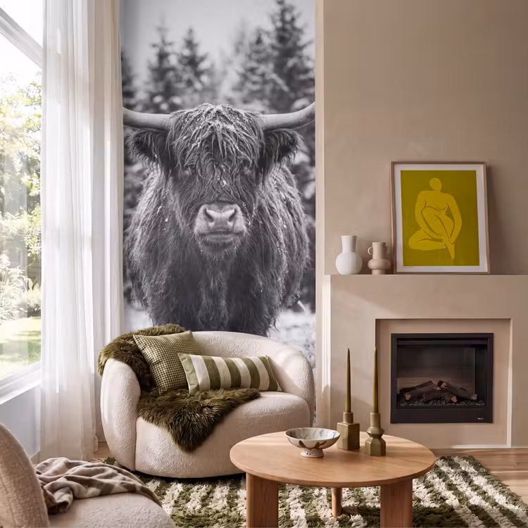 Schotse hooglander - Zwart - Wit - Sneeuwvlokken Behang Vlies klein -sfeer2