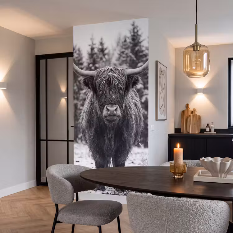 Schotse hooglander - Zwart - Wit - Sneeuwvlokken Behang Vlies klein -sfeer3