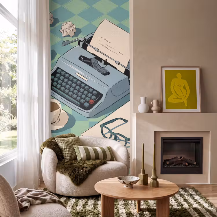 Typemachine - Kantoor - Vintage - Illustratie - Groen Behang Vlies klein -sfeer2