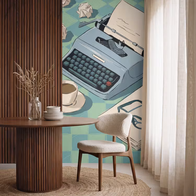 Typemachine - Kantoor - Vintage - Illustratie - Groen Behang Vlies klein -sfeer1
