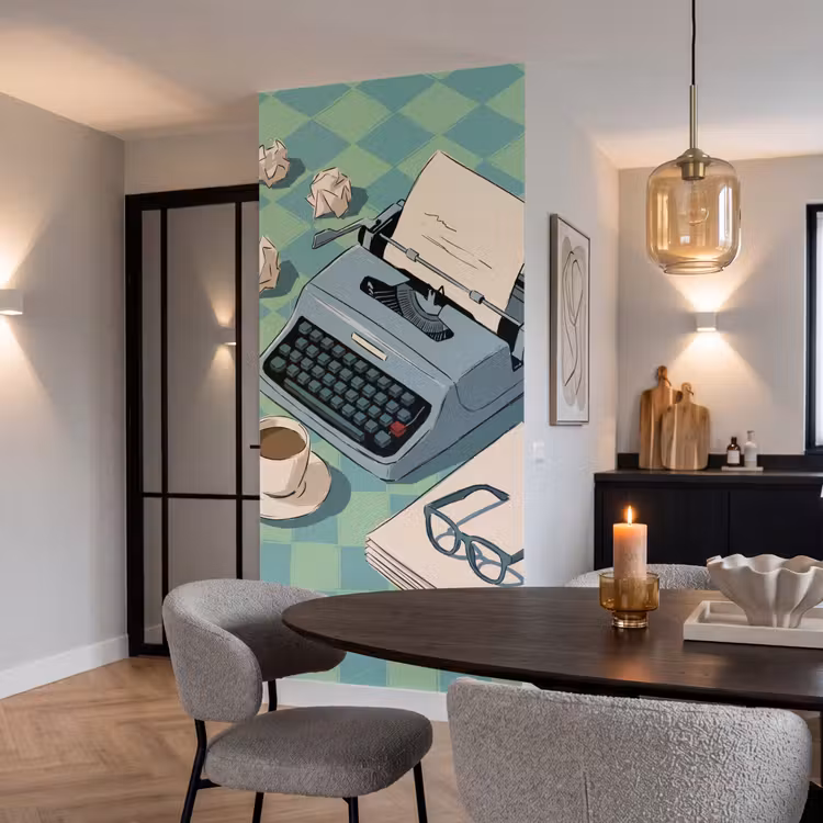 Typemachine - Kantoor - Vintage - Illustratie - Groen Behang Vlies klein -sfeer3