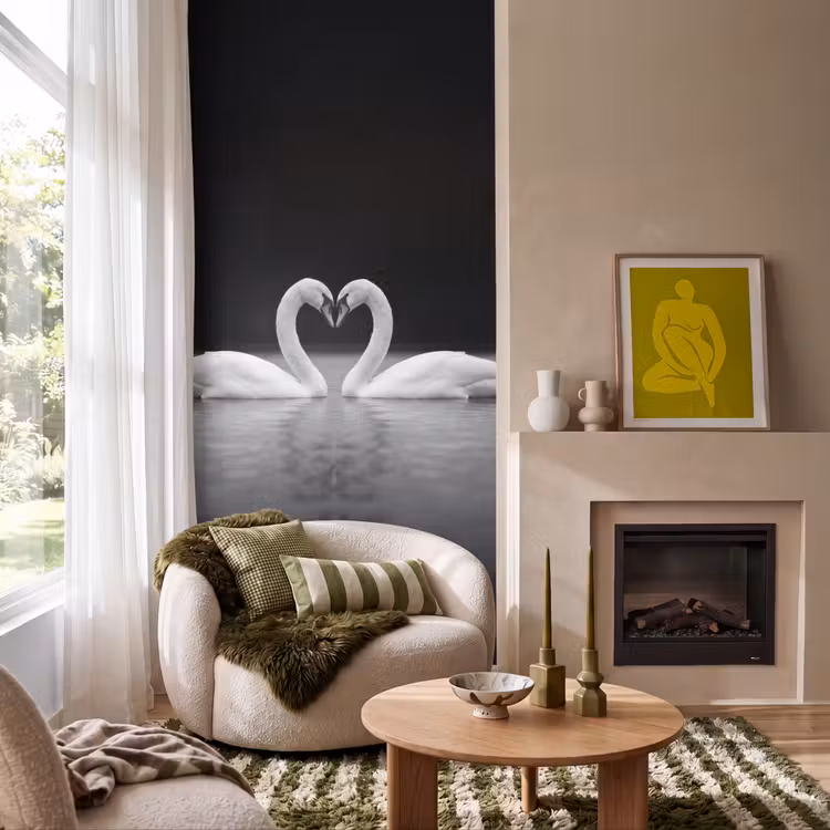 Zwanen - Hart - Zwart - Wit Behang Vlies klein -sfeer2