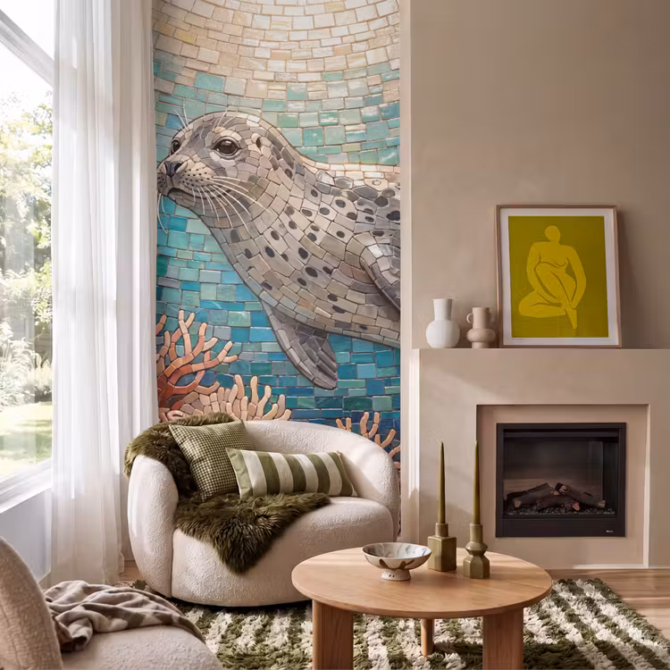 Zeehond - Mozaïek - Onderwater - Dieren - Blauw Behang Vlies klein -sfeer2
