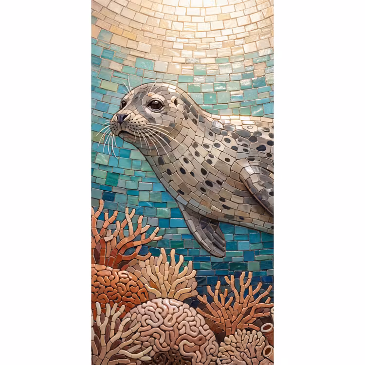 Zeehond - Mozaïek - Onderwater - Dieren - Blauw Behang Vlies klein -3d_website