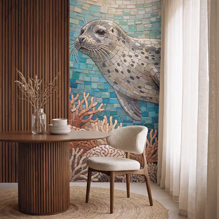 Zeehond - Mozaïek - Onderwater - Dieren - Blauw Behang Vlies klein -sfeer1