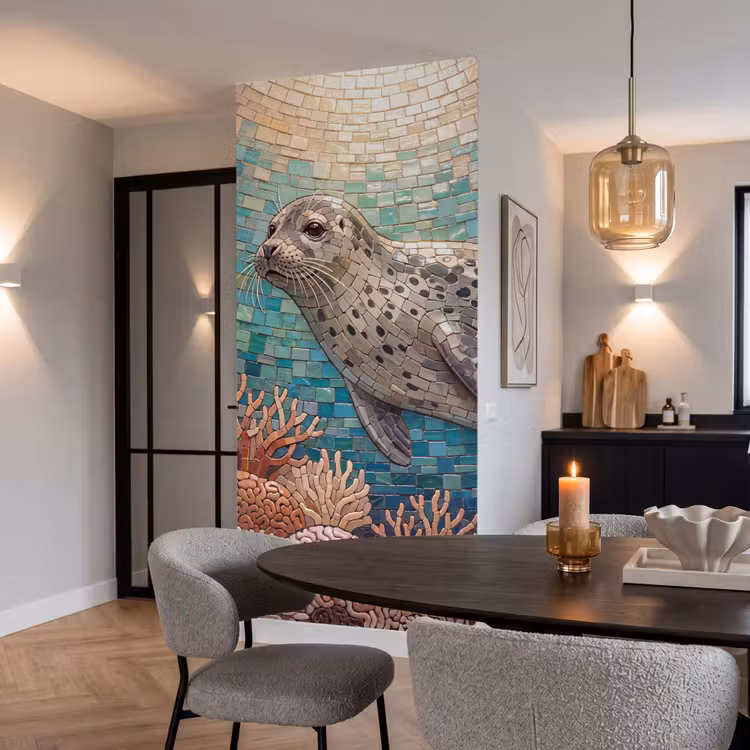 Zeehond - Mozaïek - Onderwater - Dieren - Blauw Behang Vlies klein -sfeer3