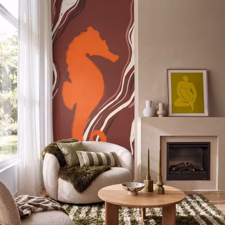 Zeepaardje - Golven - Zeeleven - Abstract - Oranje Behang Vlies klein -sfeer2