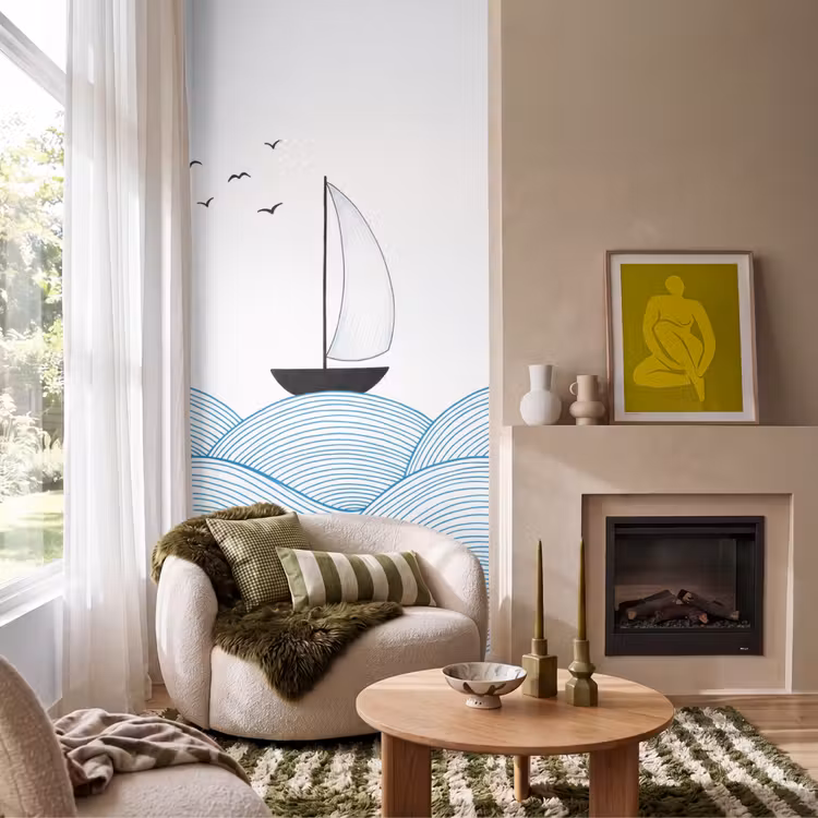 Zeilboot - Golven - Zee - Illustratie - Blauw Behang Vlies klein -sfeer2
