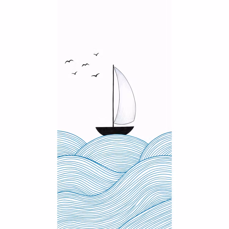 Zeilboot - Golven - Zee - Illustratie - Blauw Behang Vlies klein -3d_website