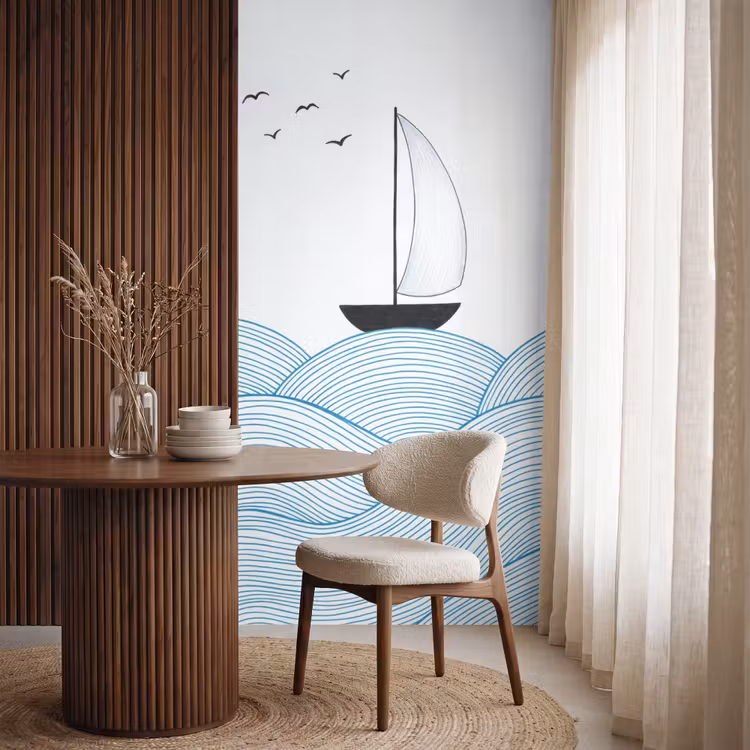 Zeilboot - Golven - Zee - Illustratie - Blauw Behang Vlies klein -sfeer1