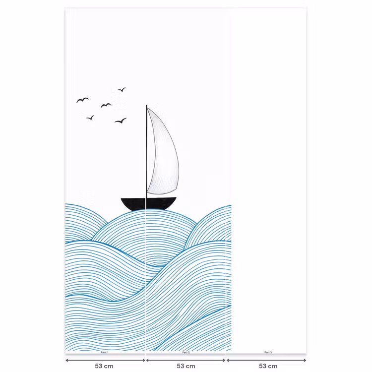 Zeilboot - Golven - Zee - Illustratie - Blauw Behang Vlies klein -USP_banen