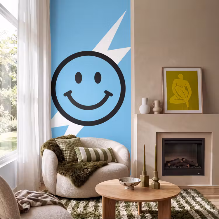 Smiley - Blauw - Bliksem Behang Vlies klein -sfeer2