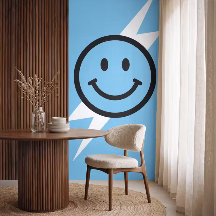 Smiley - Blauw - Bliksem Behang Vlies klein -sfeer1