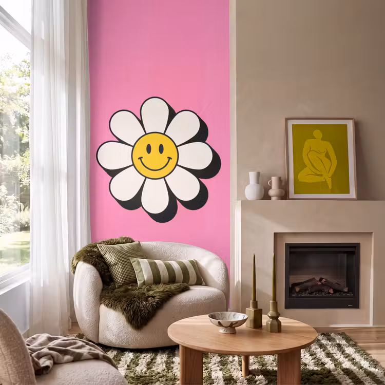 Smiley - Bloem - Roze Behang Vlies klein -sfeer2