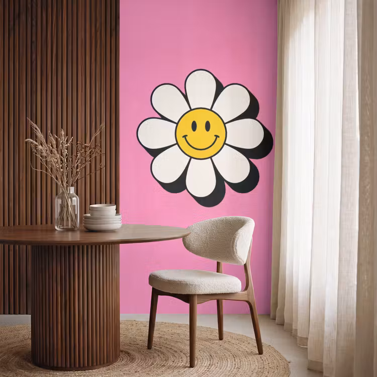 Smiley - Bloem - Roze Behang Vlies klein -sfeer1