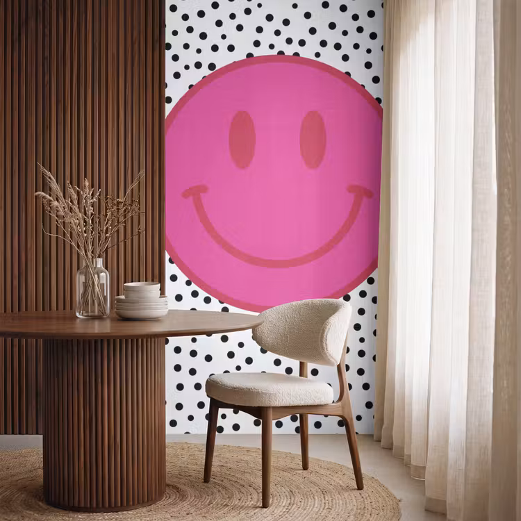 Smiley - Roze - Stippen Behang Vlies klein -sfeer1