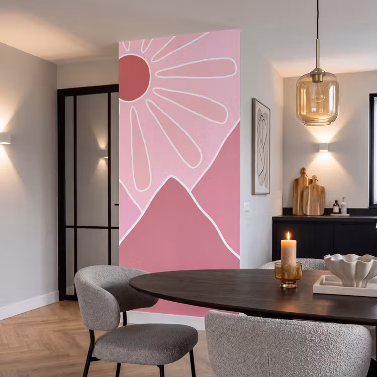 Zon - Bergen - Natuur - Abstract - Roze Behang Vlies klein -sfeer3