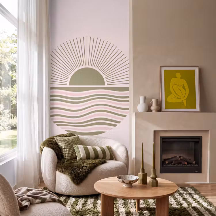 Zon - Zee - Abstract - Modern - Roze Behang Vlies klein -sfeer2