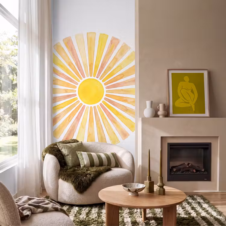 Zon - Stralen - Aquarel - Geel - Abstract Behang Vlies klein -sfeer2