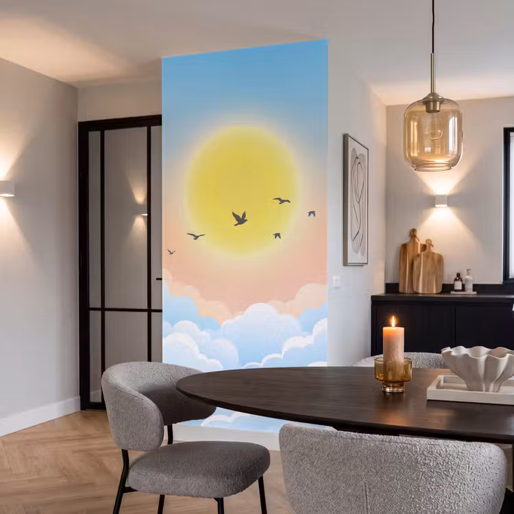 Zon - Vogels - Lucht - Natuur - Geel Behang Vlies klein -sfeer3