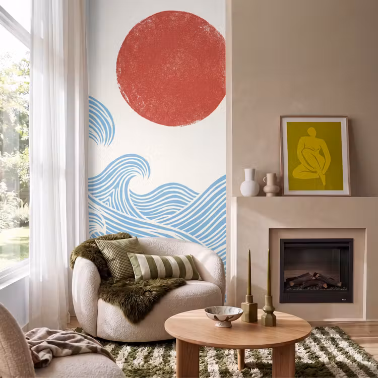 Zon - Golven - Oceaan - Abstract - Rood Behang Vlies klein -sfeer2