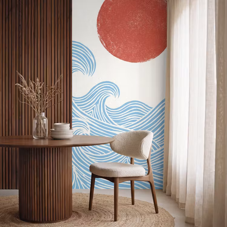 Zon - Golven - Oceaan - Abstract - Rood Behang Vlies klein -sfeer1