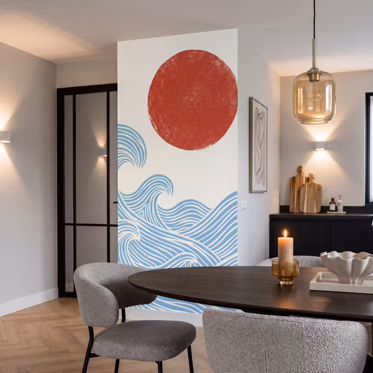 Zon - Golven - Oceaan - Abstract - Rood Behang Vlies klein -sfeer3