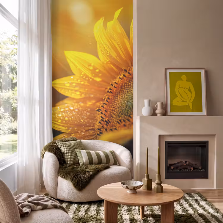Zonnebloem - Dauwdruppels - Geel - Zonlicht Behang Vlies klein -sfeer2
