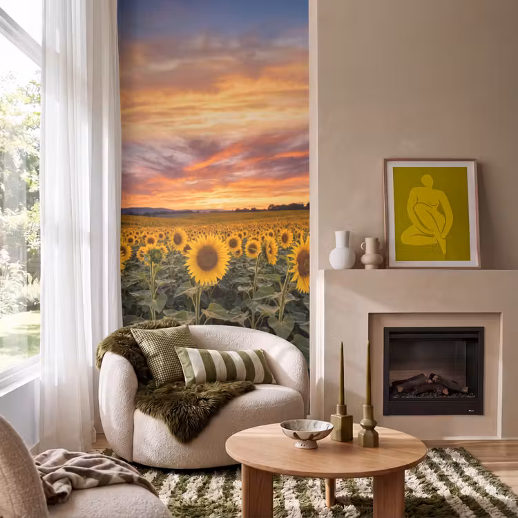 Zonnebloemen - Heuvellandschap - Geel Behang Vlies klein -sfeer2