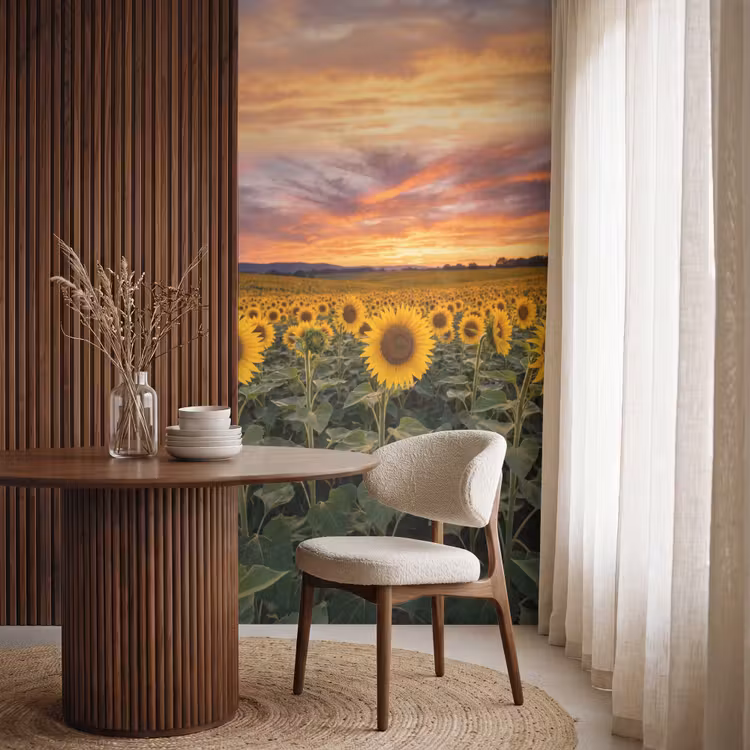 Zonnebloemen - Heuvellandschap - Geel Behang Vlies klein -sfeer1